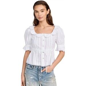 Sandy Liang Buttondown Lace Pintuck Blouse Top Cotton Puff Sleeve XS 286295
